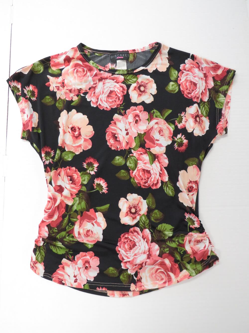 Vintage Discreet Women's M Sheer Top Black Pink Roses USA Floral Whimsical